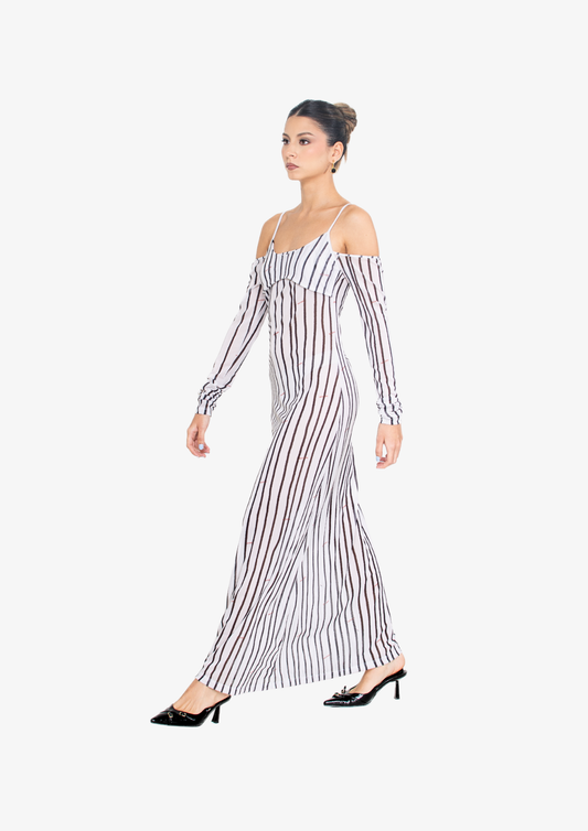 White Stripes Mesh Long Sleeve Dress