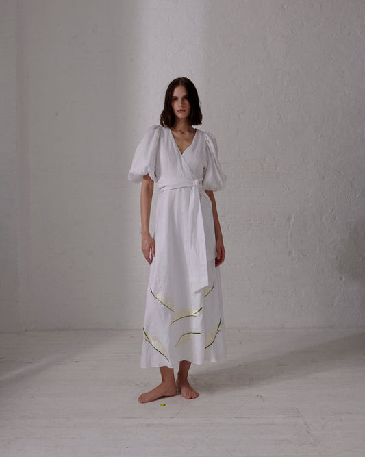 Ermita Linen Embroidered Midi Dress / White