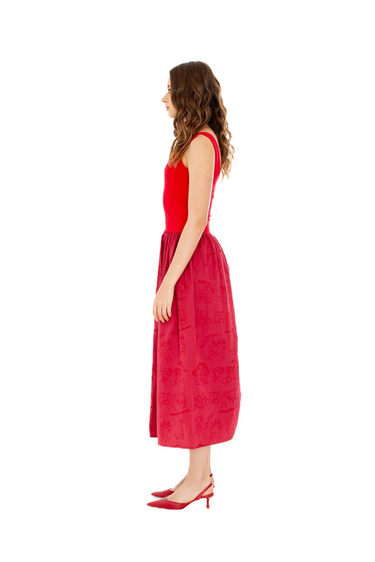 Embroided Midi Dress in Red