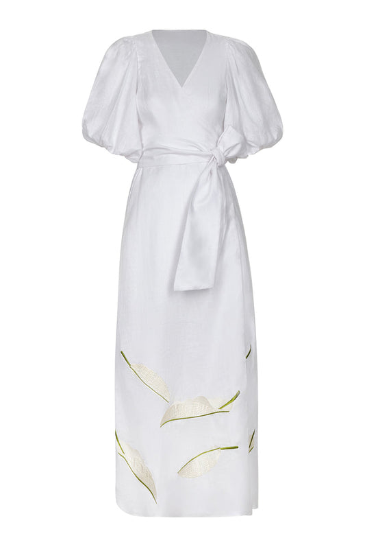 Ermita Linen Embroidered Midi Dress / White